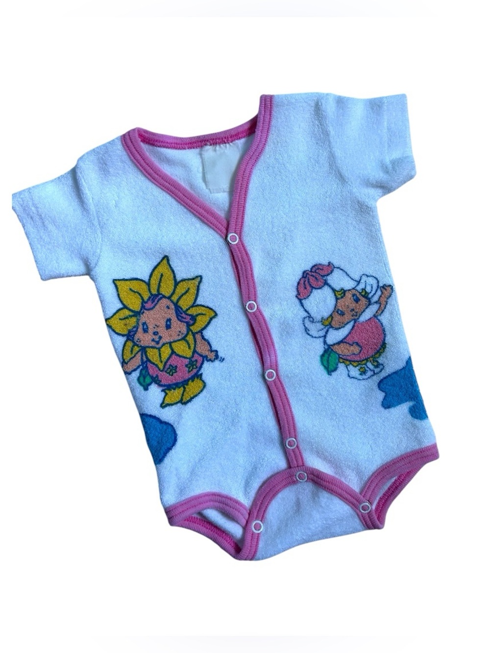 Vintage 80s White Terry Baby Bodysuit with Pink Trim and Yellow/Blue Graphics
